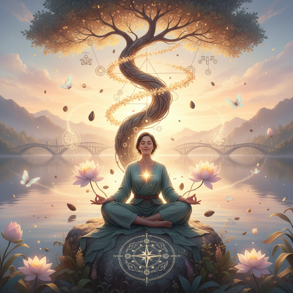 Een illustratie die het holistische welzijn toont: een persoon in balans, omgeven door groeiende planten, verbindende lijnen en een gevoel van vrede en doel.