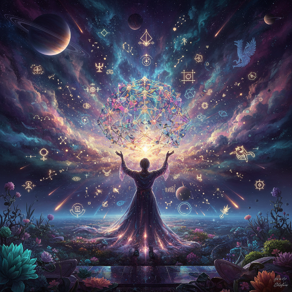 Een visuele voorstelling van hoe de geest orde schept in chaos, betekenis weeft en zich dynamisch aanpast. De afbeelding toont een persoon die een glinsterende structuur bouwt uit chaotische deeltjes, omringd door zwevende symbolen en verhalen, terwijl de vorm zich aanpast aan de omgeving.