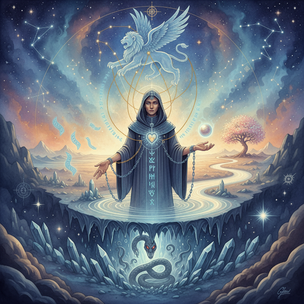 Een mystieke voorstelling van een innerlijke archetypische gids, omringd door symbolische elementen die de diepere lagen van de menselijke psyche weerspiegelen.