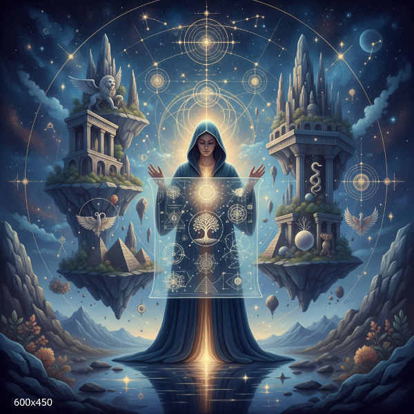 Een visuele weergave van een innerlijke architect die de structuur van de psyche ontwerpt, met archetypische symbolen in een droomlandschap.