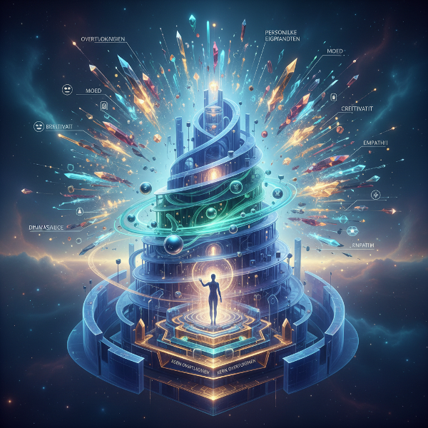 Abstracte visuele voorstelling van innerlijke architectuur met gelaagde structuren die persoonlijkheid symboliseren als een dynamische blauwdruk.