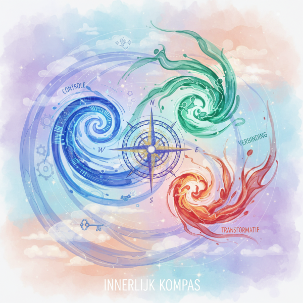 Abstracte voorstelling van een innerlijk kompas omringd door psychologische energieën die levenskeuzes en patronen symboliseren.