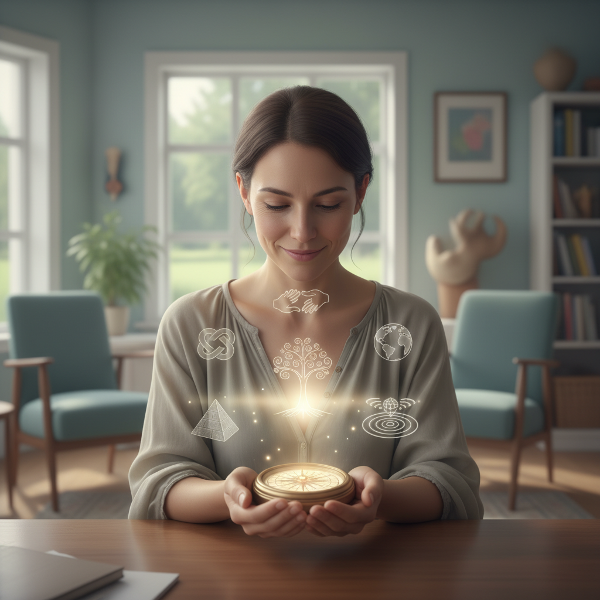 Een persoon die naar een innerlijk kompas kijkt, omringd door symbolen van verbinding, groei, stabiliteit en impact in een serene setting.