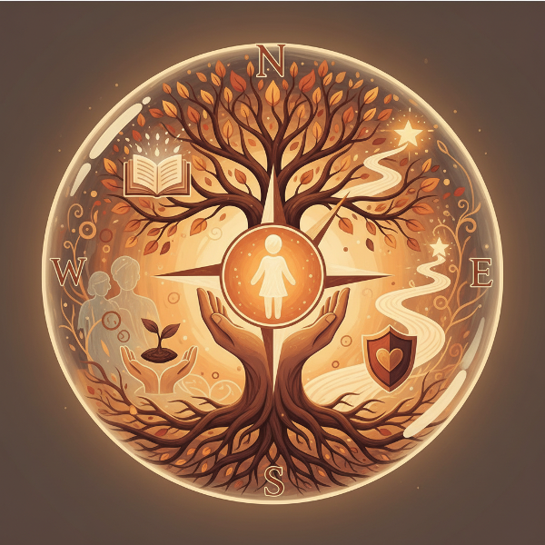 Een visuele voorstelling van een innerlijk kompas, omringd door familielijnen en symbolen van groei, dat de invloed van de opvoeding op levenskeuzes illustreert.