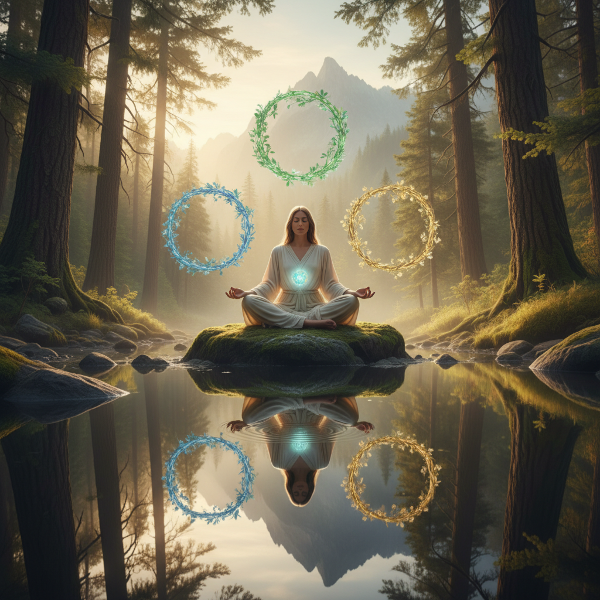 Een visuele voorstelling van subjectief welzijn, met een persoon in harmonie met zichzelf en de omgeving, die emotioneel evenwicht en psychologische vervulling uitstraalt.