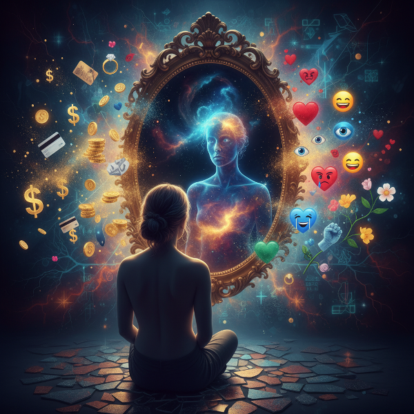 Abstracte illustratie van een persoon die reflecteert in een spiegel, omringd door zwevende geld- en emotiesymbolen in een dromerige, psychologische setting.