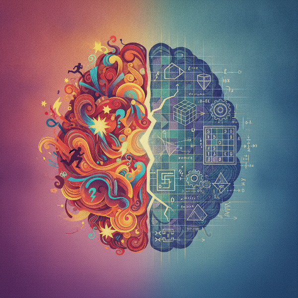 Een abstracte illustratie met een tweedeling tussen een intuïtieve flits en een analytische denker, met vraagtekens en weegschalen.
