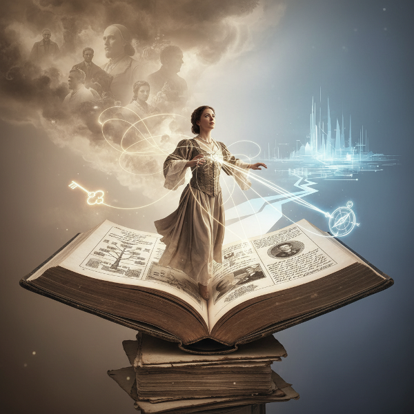 Een persoon stapt uit een oud familieboek, omringd door onzichtbare draden die verleden en toekomst verbinden, symbolisch voor familie-erfenis en nieuwe wegen.