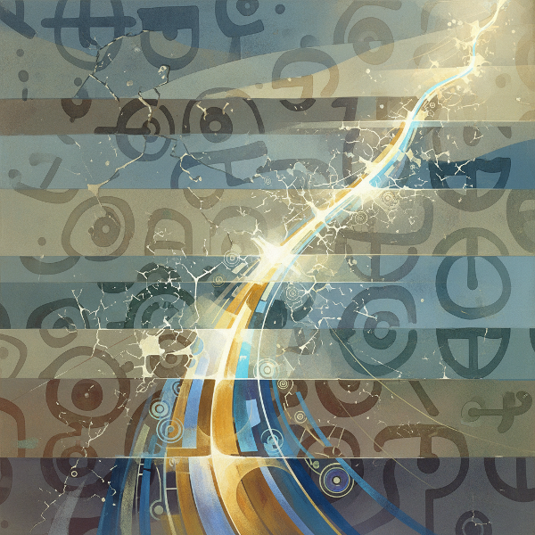 Abstracte weergave van onzichtbare familiepatronen die doorbroken worden, symboliserend bewustwording en keuzevrijheid.