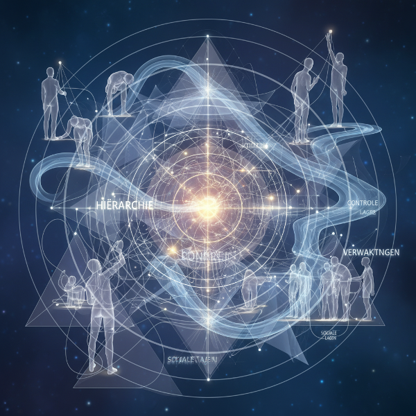 Een abstracte illustratie van een complex web dat onzichtbare sociale structuren, hiërarchieën en onuitgesproken verwachtingen symboliseert.