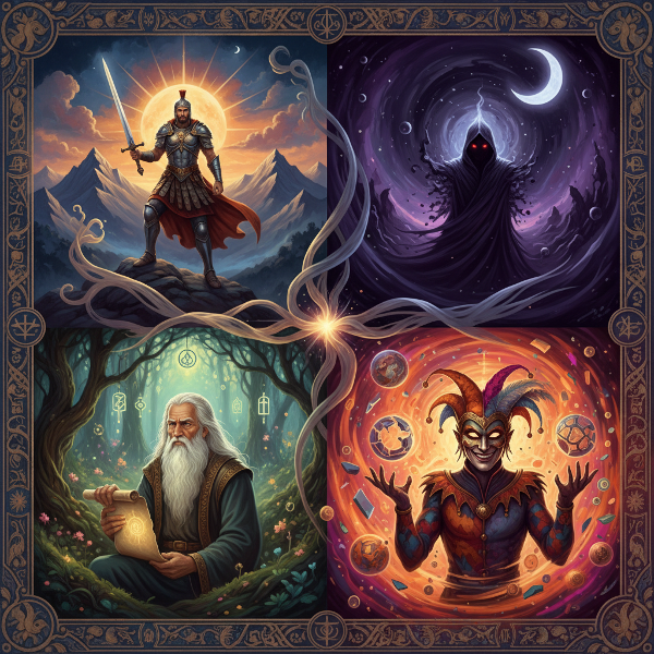 Een collage van Jungiaanse archetypen zoals de Held, Schaduw, Wijze en Trickster in een dromerige, symbolische stijl.