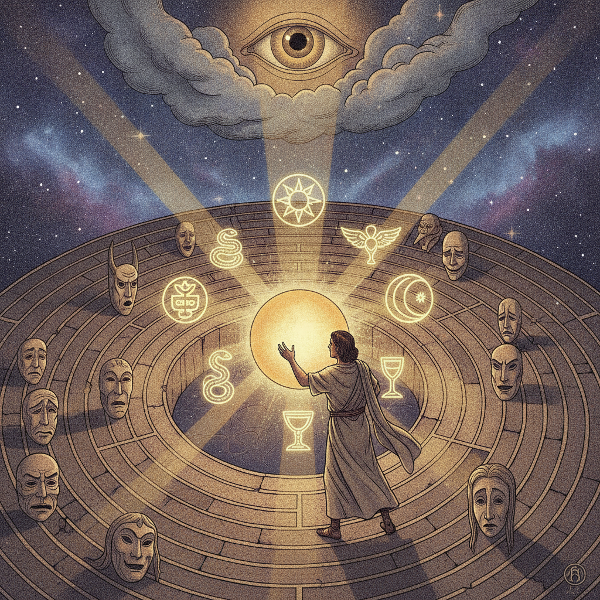 Een surrealistische compositie met een centraal labyrint omgeven door verschillende archetypische maskers en symbolen, verlicht door een gouden lichtbron die de innerlijke reis en zelfreflectie weergeeft.