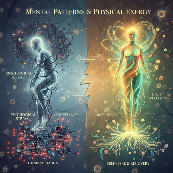 Abstracte illustratie van een menselijke figuur waarbij gedachten als energie stromen door het lichaam, met contrast tussen donkere stressvolle gebieden en stralende veerkrachtige delen