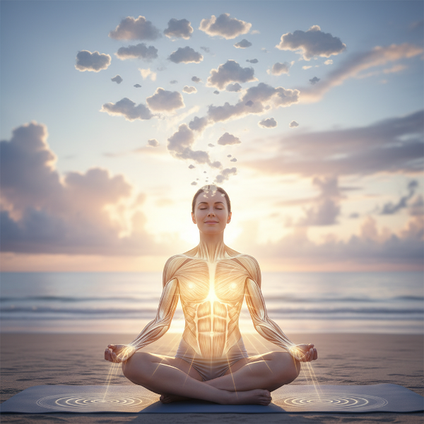 Een persoon in meditatiehouding met gedachtenwolken die overgaan in een stralend, gezond lichaam, omringd door een balans van yin-yang energie.