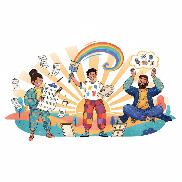 Een illustratie die verschillende ochtendpersoonlijkheden toont bij zonsopgang, met humoristische elementen die de testvragen weerspiegelen.