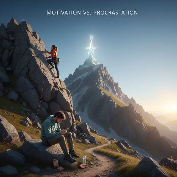 Illustratie van twee personen: de ene klimt doelgericht een berg op, de andere blijft beneden afgeleid. Symboliseert het verschil tussen interne motivatie en uitstelgedrag.