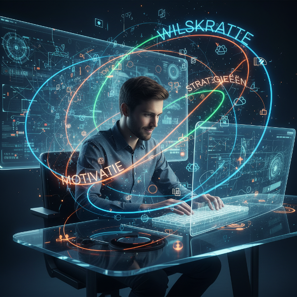 Een illustratie van een persoon die geconcentreerd werkt, omringd door een energetische matrix van drijfveren, wilskracht en focusstrategieën.