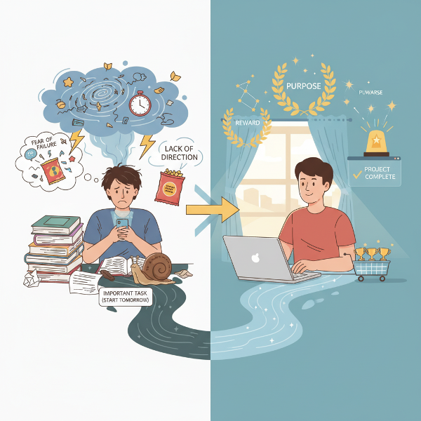 Een illustratie die het contrast toont tussen interne en externe motivatie, met personen die worstelen of vlot werken, omringd door symbolen van drijfveren.