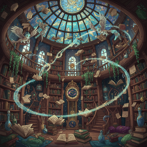 Een illustratie van een betoverende bibliotheek met zwevende boeken, magisch licht en verborgen details die verschillende archetypen suggereren.