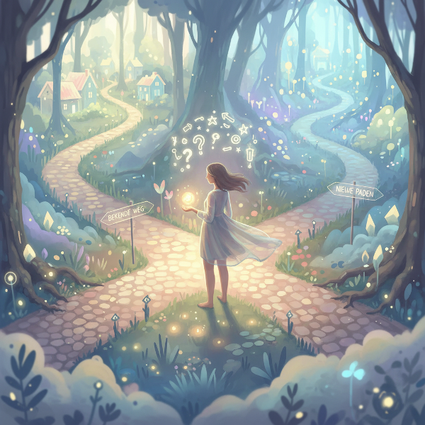 Een persoon op een kruispunt van paden, die verschillende reacties op verandering symboliseren, in een dromerige stijl.