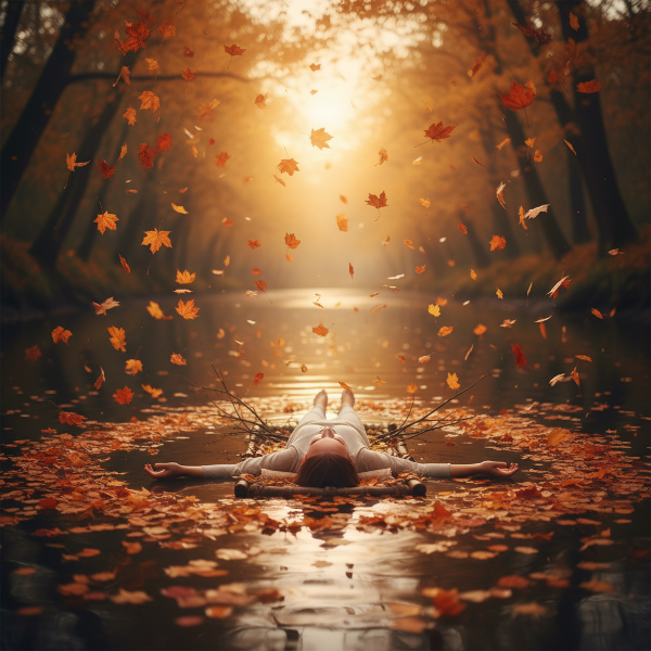 Een rustige scène waarin iemand zich overgeeft aan de natuurlijke stroom van een rivier, omringd door vallende herfstbladeren en een warm licht, wat loslaten en vertrouwen uitbeeldt.