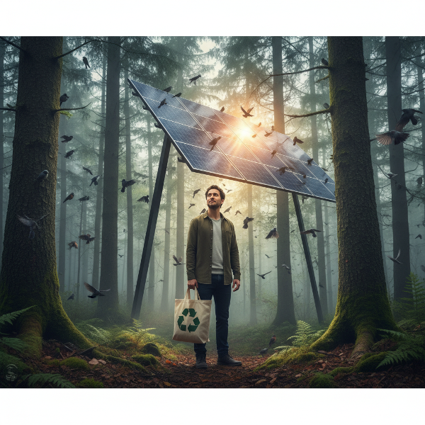 Een persoon in een bos die de verbinding met de natuur, duurzame gewoonten en eco-angst symboliseert, met een serene maar bezorgde uitdrukking.