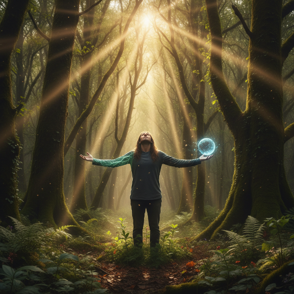 Een persoon in een bos omringd door lichtstralen, die de verbinding tussen mens en natuur, ecologisch bewustzijn en de helende kracht van de natuur symboliseert.