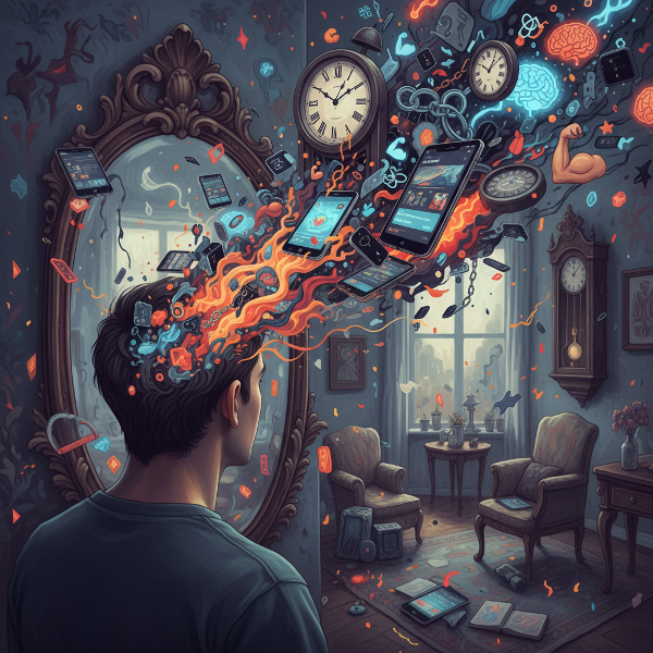 Een surrealistische afbeelding van een persoon die in een spiegel kijkt, met abstracte symbolen van dagelijkse gewoonten, verslavingen en wilskracht die uit hun hoofd stromen.