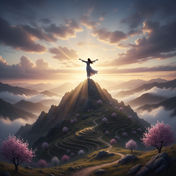 Een persoon die op een bergtop staat, omringd door een balans van licht en donker, symboliseert emotionele veerkracht, levensvoldoening en innerlijke groei.