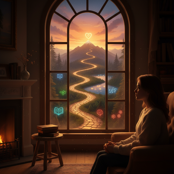 Een persoon die bij een raam naar een vertakkend levenspad kijkt, symbool voor keuzes en persoonlijke waarden.