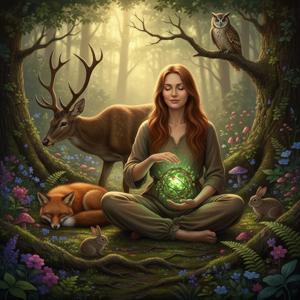 Een rustgevende scène in een bos waar een persoon omringd wordt door natuur en dieren, symboliserend de verbinding met de natuurlijke wereld en ecologisch bewustzijn.