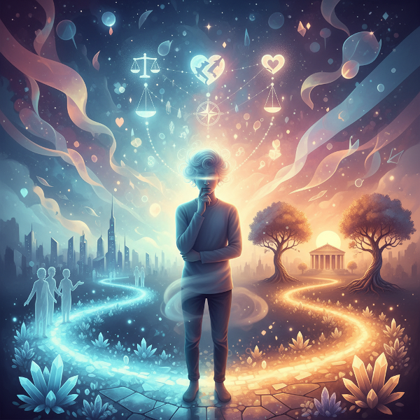 Een persoon die tussen twee wegen staat, symbool voor twijfel en innerlijke conflicten, in een dromerige, abstracte sfeer.