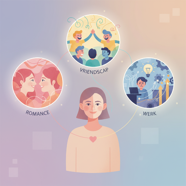 Illustratie van een persoon in het midden, verbonden met drie cirkels die verschillende relatietypes voorstellen, om interactiepatronen en emoties te visualiseren.