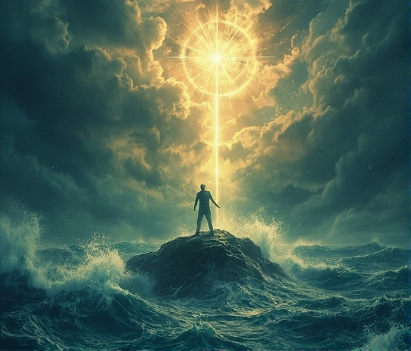 Een persoon staat op een rots temidden van een stormachtige zee, met drie stralende paden die aanpassing, reflectie en sociale steun symboliseren.