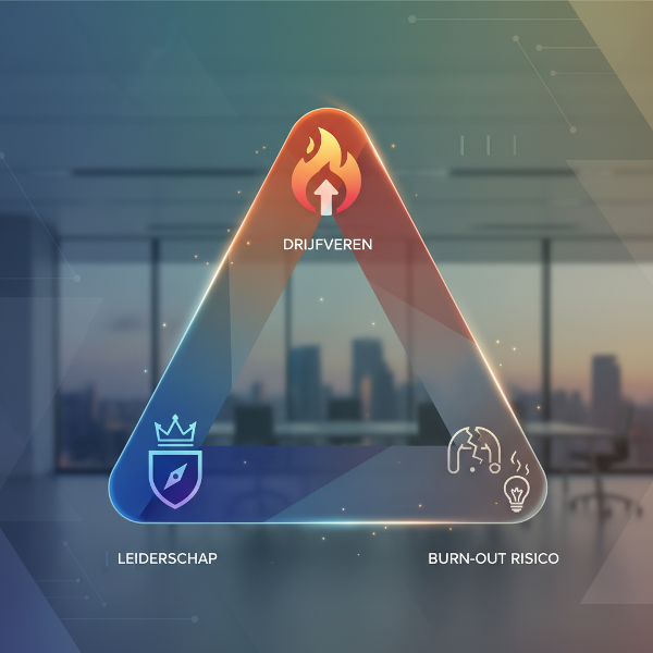 Abstracte driehoek met symbolen voor carrièreankers, leiderschapsstijl en burn-out risico in een professionele omgeving.