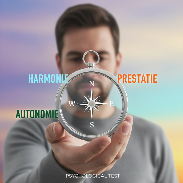 Een minimalistisch kompas met de kernwaarden Harmonie, Prestatie en Autonomie op de windroos, symbool voor een psychologische test die je levensrichting bepaalt.