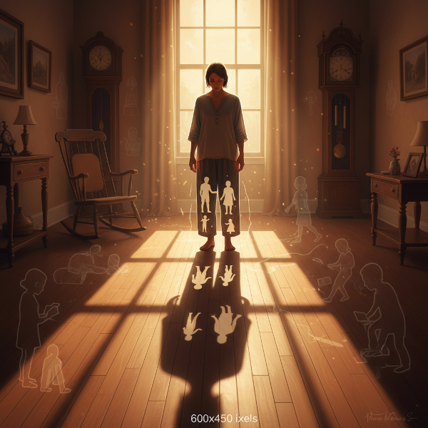 Een persoon die reflecteert op de schaduw van zijn familiegeschiedenis, die zijn huidige zelf vormgeeft.
