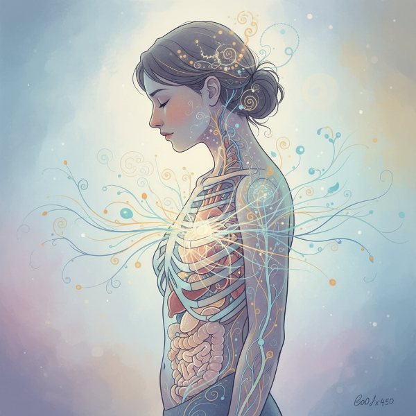 Een illustratie die de verbinding tussen geest en lichaam toont, met emotionele energie die zich manifesteert als fysieke patronen.