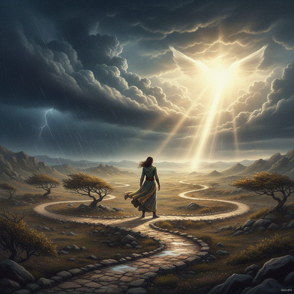 Een persoon op een levenskruispunt, omringd door veranderende elementen die uitdaging en innerlijke kracht uitbeelden.