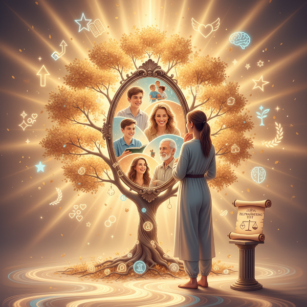 Een persoon die in een spiegel kijkt met reflecties van verschillende levensfasen, omringd door positieve symbolen zoals een groeiende boom en stralend licht.