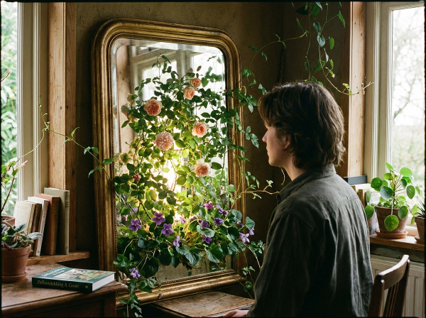 Een persoon kijkt in een spiegel en ziet niet zichzelf, maar een bloeiende plant die groeit, wat staat voor zelfontdekking en het ontwikkelen van een positiever zelfbeeld.