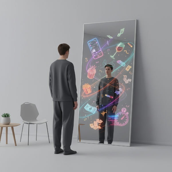 Een afbeelding van een persoon die in een spiegel kijkt, waar de reflectie verschillende symbolische gewoonten en verslavingen toont, die het bewustzijn van gedragspatronen vertegenwoordigen.