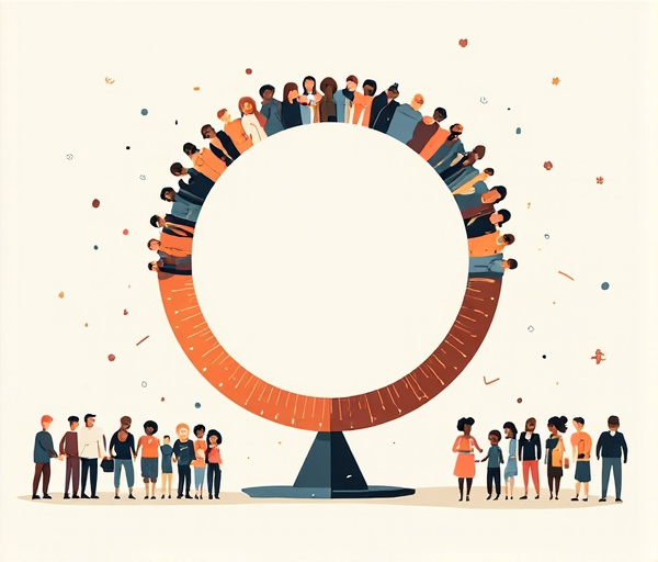 Een kleurrijke illustratie met diverse mensen rond een weegschaal, waarbij een persoon voor een menigte staat en een ander een eigen weg kiest, symbool voor sociale dilemma's.