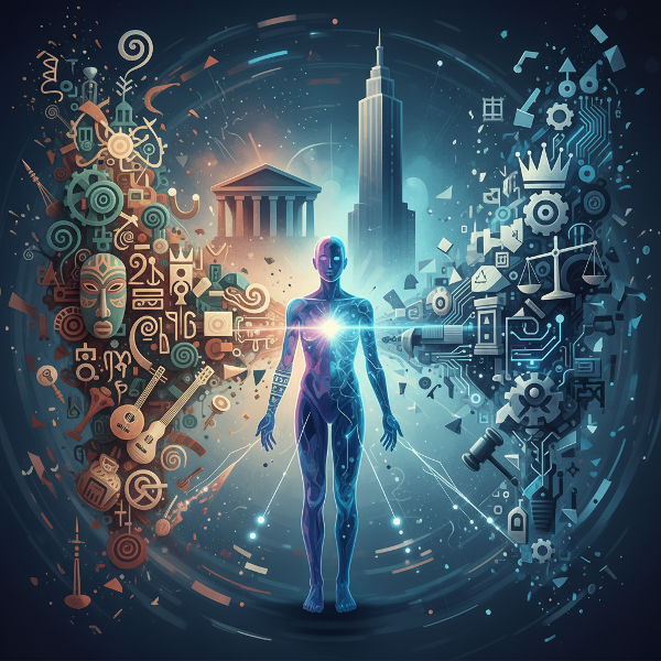 Abstracte illustratie van een persoon omringd door sociale symbolen, die de spanning tussen conformiteit en individuele expressie visualiseert.