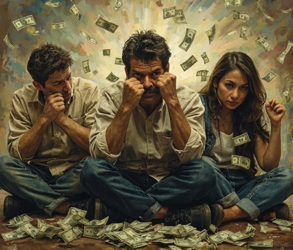 Drie mensen reageren verschillend op financiële stress: een vermijder kijkt weg, een vechter balt zijn vuisten en een verlammeling zit verstijfd.