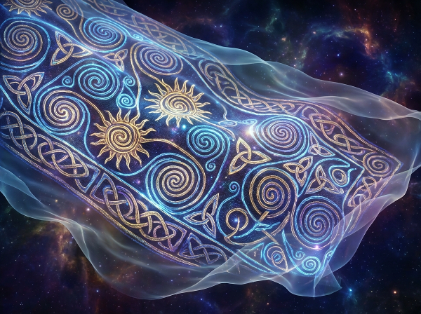 Een abstracte, etherische afbeelding die een krachtig, tijdloos oerpatroon toont, geïnspireerd op mythologische archetypen, dat levensenergie kanaliseert en transformatie symboliseert.