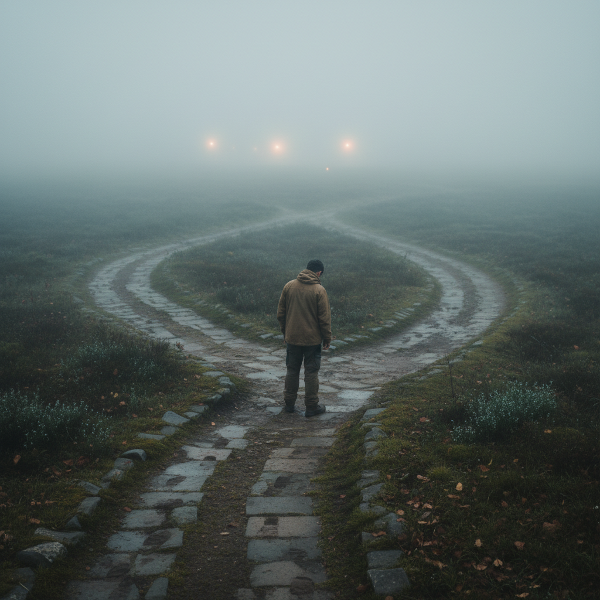Een mistig landschap met vertakkende paden die duidelijk en vaag zijn, wat onzekerheid en het omgaan met onwetendheid symboliseert.