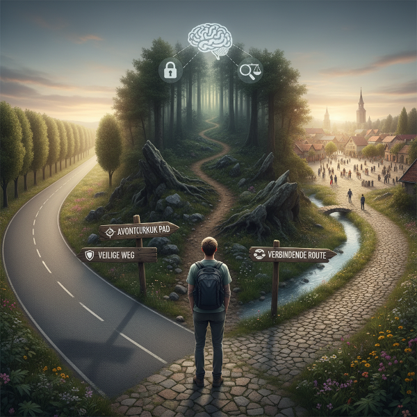 Een persoon staat op een kruispunt van drie paden die verschillende levensdrijfveren symboliseren, omringd door abstracte patronen die het onbewuste voorstellen.