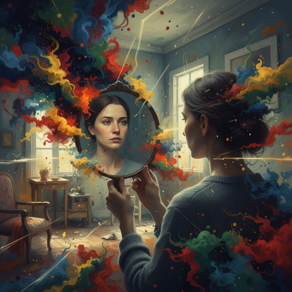 Een persoon staat voor een spiegel waarin het gezicht duidelijk is, maar de achtergrond vervaagt in een draaikolk van abstracte vormen en kleuren, die de onzichtbare, instinctieve reacties op verandering symboliseren.