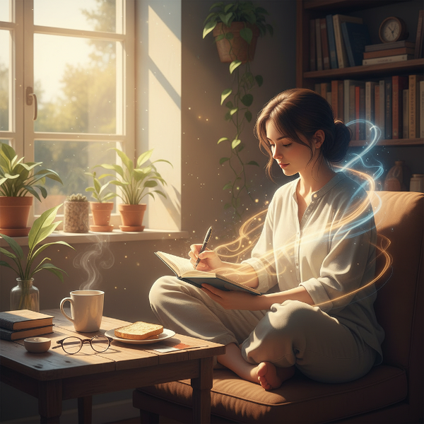 Een illustratie die de onzichtbare energie van dagelijkse rituelen en gewoonten visualiseert, met een persoon in een intieme, gestructureerde omgeving waar kleine handelingen een subtiele gloed uitstralen.